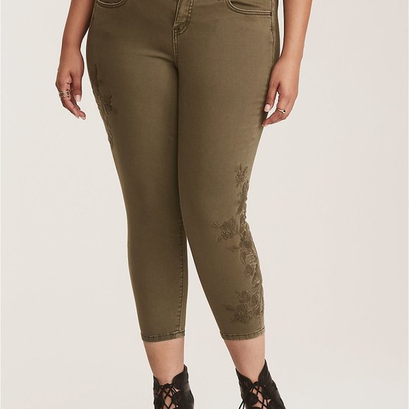 torrid Pants - ANKLE SKINNY PANT - OLIVE GREEN WITH EMBROIDERY